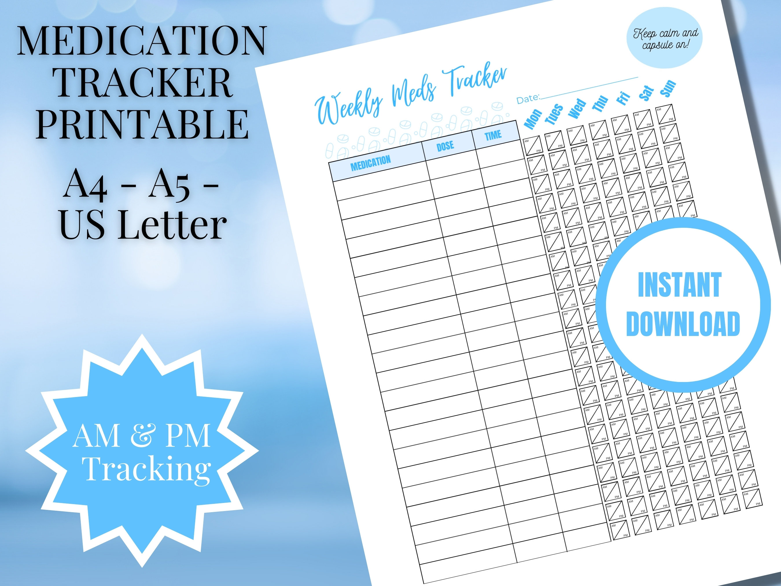 Medication Log Chart Printable Medicine Tracker Daily Weekly Pill Tracking Sheet Supplement ...