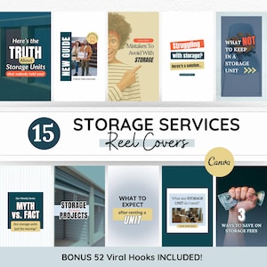 May include: A collage of 15 colorful Instagram reel covers for a storage services business. The covers feature text such as "Here's the Truth About Storage Units", "Mistakes To Avoid With Storage", "Struggling with Storage? Here's a solution...", "What To Keep In A Storage Unit", "Myth vs. Fact", "Storage Projects", "What To Expect After Renting A Unit", "What Size Storage Unit Do I Need?", and "3 Ways To Save On Storage Fees". The text "15 Storage Services Reel Covers" is featured in a large font at the top of the collage. The text "Canva" is featured in a smaller font at the bottom of the collage. The text "Bonus 52 Viral Hooks Included!" is featured in a large font at the bottom of the collage.