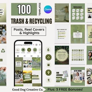 Può includere: Una raccolta di 100 modelli Trash & Recycling per Canva, inclusi post, copertine di reel e highlights. Il design presenta uno smartphone che mostra un sito Web, insieme a vari elementi grafici verdi e bianchi.