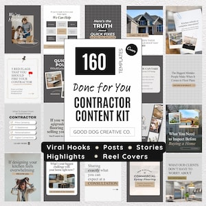 Könnte beinhalten: Ein digitales Content-Kit mit 160 Canva-Vorlagen für Bauunternehmer. Die zentrale Grafik zeigt den Text 160 TEMPLATES DONE FOR YOU CONTRACTOR CONTENT KIT GOOD DOG CREATIVE CO., umgeben von verschiedenen Layouts für Social-Media-Beiträge.
