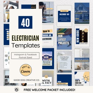 Electrician Social Media Templates, Electrical Repair Instagram Portrait Posts, Editable Canva, Contractor Facebook Template