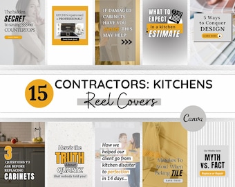 Contractor Instagram Reel Covers with Hooks, Kitchen Done for You Content, Construction, Remodeling Social Media
