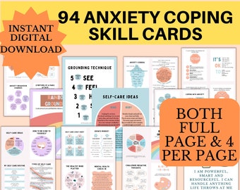 May include: A printable PDF download of 94 anxiety coping skill cards. The cards feature colorful illustrations and text, including "Grounding Technique", "Self-Care Ideas", "Mind", "Body", "Growth Mindset", "The Healthy Mind Platter", "Mental Health Check In", "Challenge Negative Thoughts", "Coping with Anxiety", "It's OK to", "Both Full Page & 4 Per Page", and "I am Powerful, Smart and Resourceful. I can handle anything life throws at me".