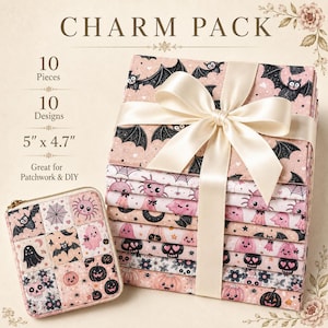 May include: A charm pack of 10 fabric pieces measuring 5 inches by 4.7 inches, featuring Halloween-themed prints with bats, ghosts, skulls, and pumpkins in pink, black, and white. The stack is tied with a cream ribbon and includes a matching pouch.