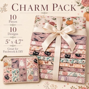 May include: A charm pack of 10 fabric pieces measuring 5 inches by 4.7 inches, featuring 10 designs with pumpkins, ghosts, black cats, bats, and spiders in pink and purple tones, tied with a cream ribbon, alongside a small matching zippered pouch.