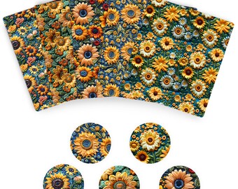 May include: A collection of sunflower-themed placemats and coasters. The placemats are rectangular, and the coasters are round. The designs feature detailed yellow, orange, and brown sunflowers on a blue background.