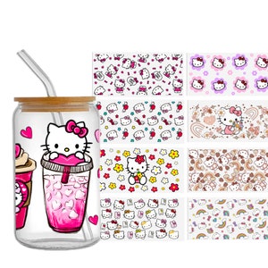 かわいい猫 16オンス Libbey ガラス缶タンブラー 昇華デザイン 防水 DTF ステッカーカップ クール UV ラップ 転写ステッカー、1Yc42999