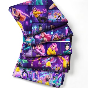 May include: A stack of fabric featuring a comic book style design with multiple panels. Each panel depicts a woman with pink or purple hair in a futuristic city setting. The color palette includes purple, yellow, and blue.