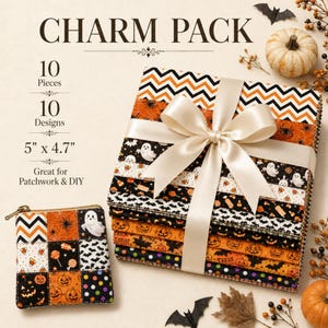 May include: A charm pack of 10 fabric pieces with 10 Halloween designs, measuring 12.7 cm by 11.9 cm. The stack is tied with a cream ribbon and features patterns of ghosts, pumpkins, bats, spiders, and candy corn in orange, black, and white.