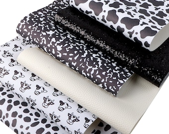 7.7x12.9 inch Cow Pattern Black White Faux Leather Sheets DIY Earring Hair Bow Crafts Leather Synthetic Leather Fabric,1Yc34394