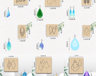 May include: A set of 12 earring templates for crafting. The templates are made of wood and feature various shapes, including leaves, teardrops, and geometric designs. The templates are approximately 7.62 cm in size.