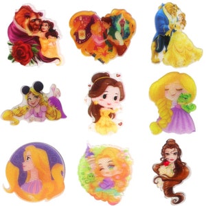 May include: Set of ten colorful cartoon character iron-on patches featuring Disney princesses, including Belle, Cinderella, Rapunzel, and more. The patches are perfect for adding a touch of whimsy to clothing, bags, or other accessories.