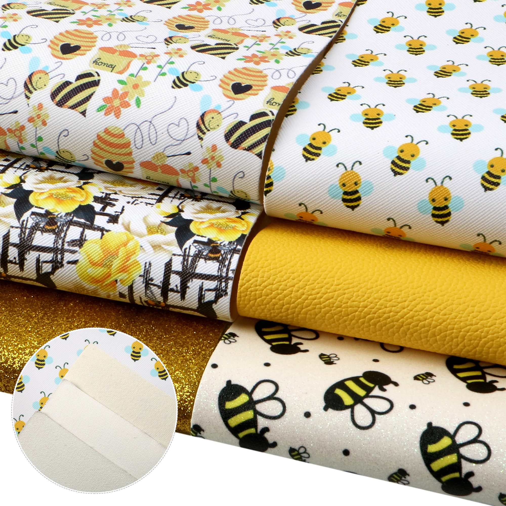 7.7x12.9 inch Bee Fine Glitter Faux Leather Sheets DIY Earring Hair Bow Crafts Leather Synthetic Leather Fabric,1Yc34407