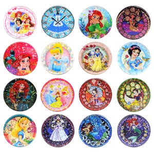 May include: Set of 16 round, colorful, glitter-covered magnets featuring various Disney princesses. Each magnet features a different princess, including Cinderella, Snow White, Ariel, and Belle.