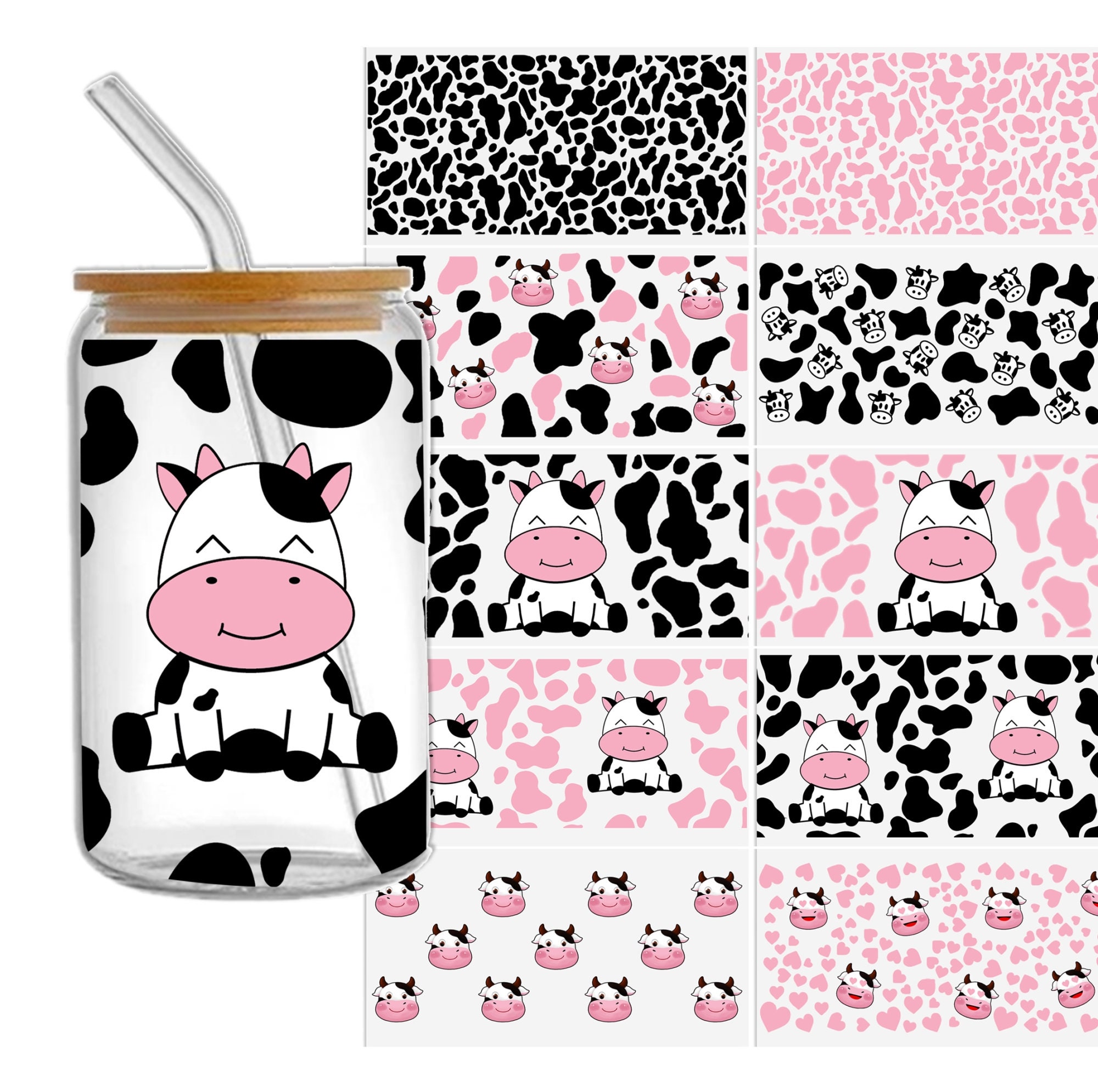 Cow Pattern 16oz Libbey Glass Can Tumbler Sublimation Design Waterproof DTF Sticker Cups Cool UV Wrap Transfer Sticker,1Yc42985