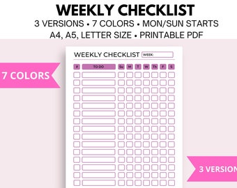 Puede incluir: Una lista de verificación semanal imprimible con un borde rosa. La lista de verificación tiene una sección para "To Do" y columnas para cada día de la semana. El texto "LISTA DE VERIFICACIÓN SEMANAL" y "SEMANA:" están en la parte superior de la lista de verificación. El texto "7 COLORES" y "3 VERSIONES" están en la parte inferior de la lista de verificación.