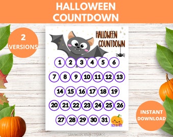 Halloween-nedräkning - Halloween-adventskalender - Halloween-utskrivbar - Halloween-nedräkningskalender - Halloween-aktivitet för barn - Söt fladdermus