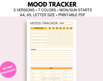 May include: Printable mood tracker template with a yellow and white colour scheme. The template includes a weekly calendar, a section for notes, and a key for tracking moods. The text "MOOD TRACKER" is at the top of the page.