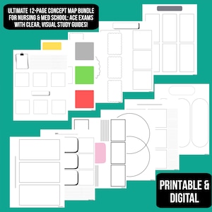 May include: A collection of 12-page concept map bundles for nursing and medical school. The white pages feature various shapes, lines, and text boxes for visual study guides. The text reads "ULTIMATE 12-PAGE CONCEPT MAP BUNDLE FOR NURSING & MED SCHOOL: ACE EXAMS WITH CLEAR, VISUAL STUDY GUIDES!" and "PRINTABLE & DIGITAL".