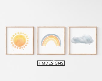 Weather Pastels Set of 3 | Gender Neutral Nursery Art | Watercolor Painting | Printable | Sun Cloud Rainbow