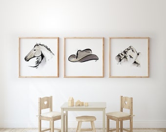 Sketches of the West Set of 3 | Watercolor | Printable | Gender Neutral Nursery Art| Mountain Cowboy Hat Horse