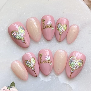 Heart Flower Press On Nails – Pink Glitter with Love Lettering