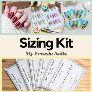 May include: A sizing kit for press-on nails, with five different nail shapes and sizes. The kit includes a set of nail tips for each shape and size, as well as a guide to help you determine your correct size. The kit is labeled "My Freesia Nails Sizing Kit".
