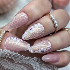 Beautiful press on nail custom cat eye gel nail art pink flower art design with stones womens accessory gift for her hand painted false nail