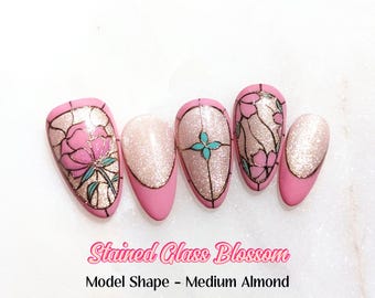 Stained Glass Blossom | Fairytale Fake Nails | Pink Rose Glitter Design