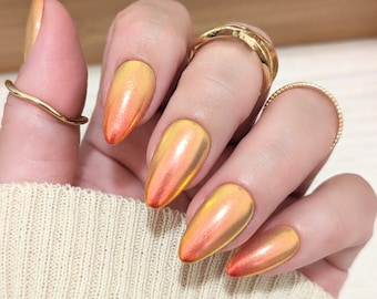 Sunset Glow Press On Nails – Shimmer Chrome Orange Gold Peach Iridescent Handmade
