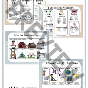 K&ouml;nnte beinhalten: Vier bunte Poster mit Sprachlern-Visualisierungen f&uuml;r Kinder. Die Poster beinhalten Abschnitte &uuml;ber das Sprechen in grammatikalisch korrekten S&auml;tzen, das Beschreiben von Vokabeln, die Verwendung r&auml;umlicher Konzepte und das Beantworten von WH-Fragen.