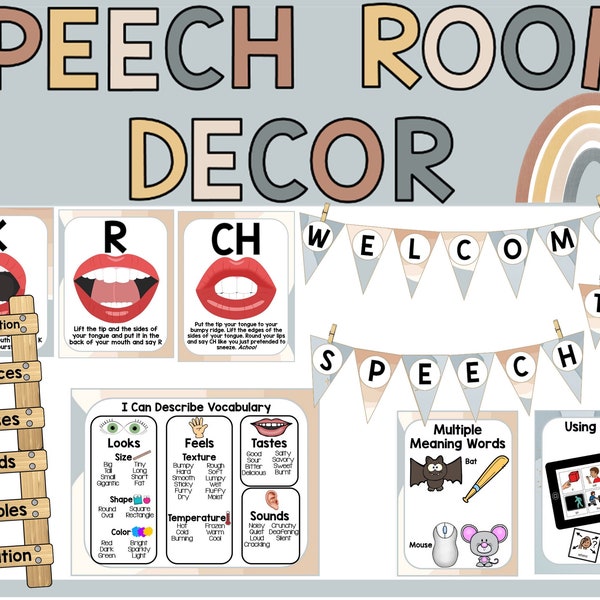 Speech Therapy Room Decor / Bulletin Board Decorations - Muted Boho Rainbow