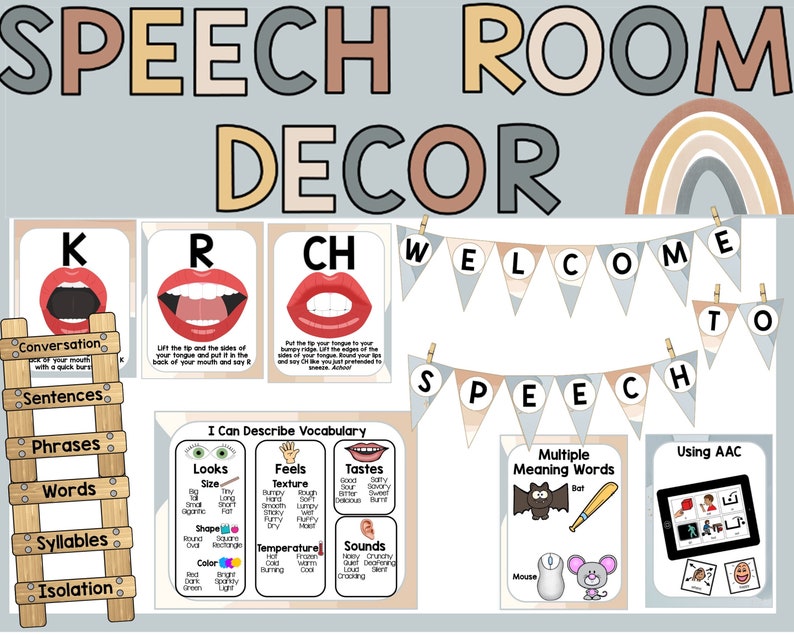 K&ouml;nnte beinhalten: Ein Satz farbenfroher Sprachtherapie-Poster mit einem Regenbogen-Design. Die Poster beinhalten ein Willkommensbanner, eine Leiter mit Sprachtherapie-Begriffen, eine Tabelle mit Vokabeln und ein Poster mit W&ouml;rtern mit mehreren Bedeutungen. Die Poster sind perfekt f&uuml;r einen Sprachraum oder ein Klassenzimmer.