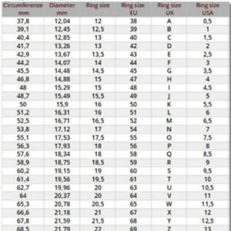 May include: A chart showing ring sizes in millimeters, US, UK, and EU sizes. The chart includes circumference, diameter, and ring size in each measurement system.