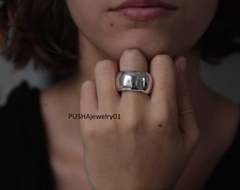 Chunky Sterling Silver Dome Ring, Wide Band, Handmade