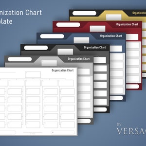 May include: A set of six organization chart templates in different colors, including gold, red, blue, gray, and black. Each template features a hierarchical structure with boxes for names and titles. The text "Organization Chart" and "Template" appears at the top of the image. The text "BY VERSAGA" appears at the bottom of the image.
