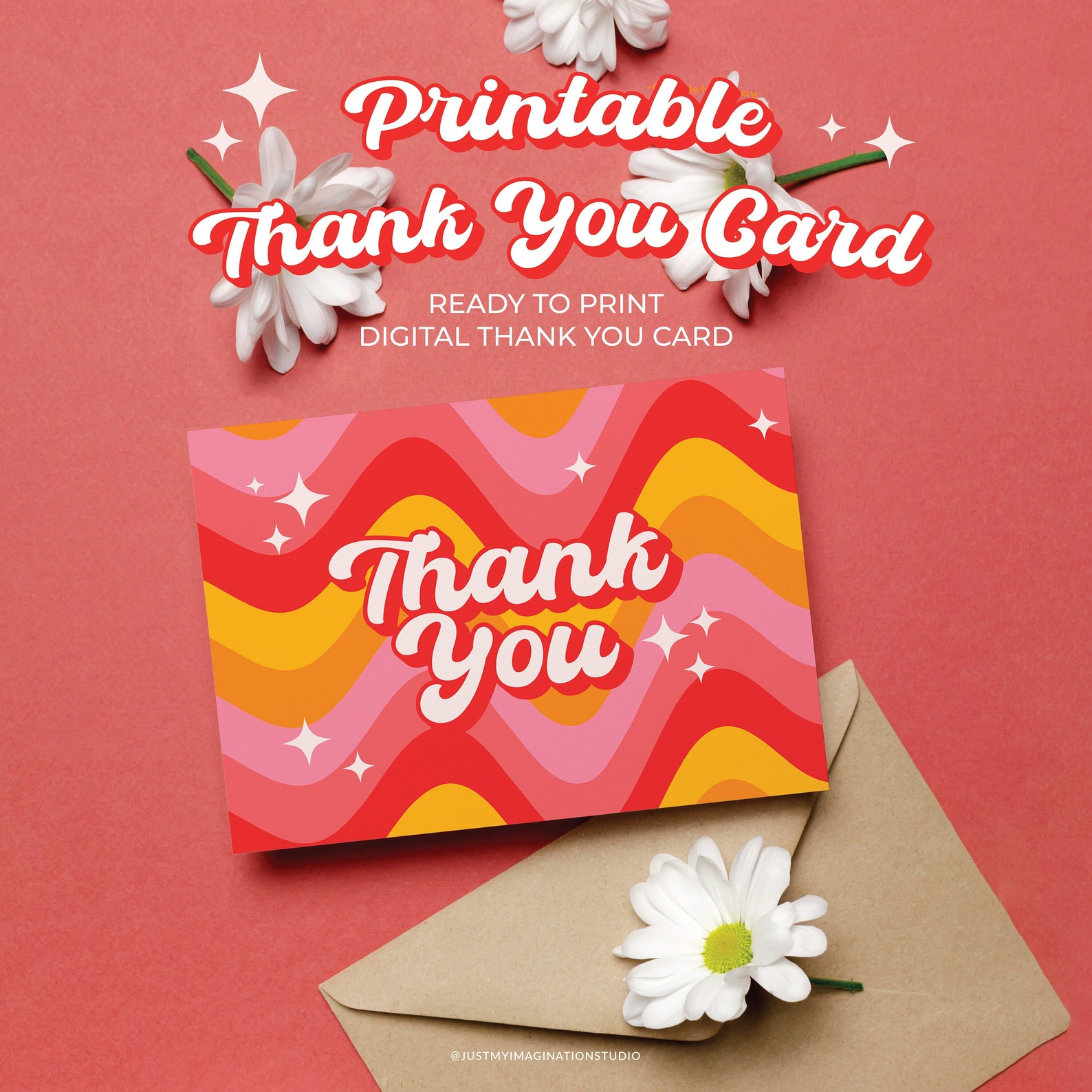 Printable Thank You Card Groovy Digital Thank You Card Etsy