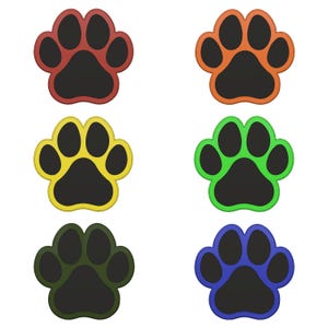 May include: Six paw prints in different colors: red, orange, yellow, green, dark green, and blue. Each paw print has a black center.