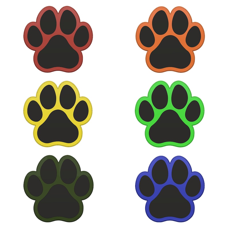 May include: Six paw prints in different colors: red, orange, yellow, green, dark green, and blue. Each paw print has a black center.