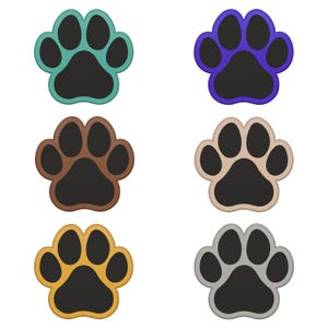 May include: Six paw prints in different colors: teal, blue, brown, beige, yellow, and gray. Each paw print has a black center.