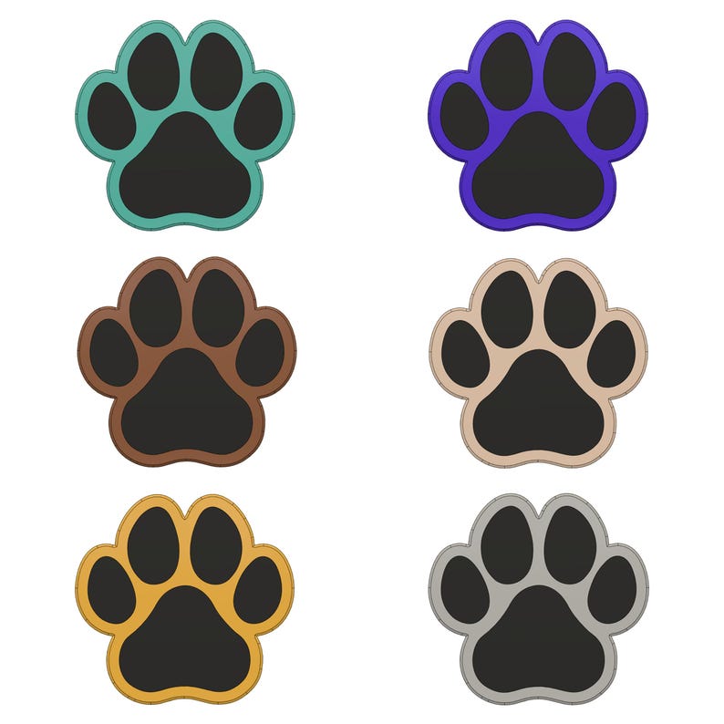 May include: Six paw prints in different colors: teal, blue, brown, beige, yellow, and gray. Each paw print has a black center.