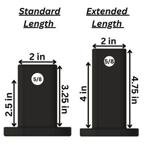 May include: Diagram showing two different lengths of a black metal post. The standard length is 2 inches wide by 3.25 inches tall. The extended length is 2 inches wide by 4.75 inches tall. Both posts have a 5/8 inch diameter hole in the center.