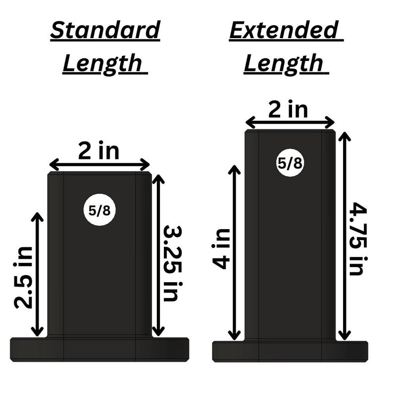 May include: Diagram showing two different lengths of a black metal post. The standard length is 2 inches wide by 3.25 inches tall. The extended length is 2 inches wide by 4.75 inches tall. Both posts have a 5/8 inch diameter hole in the center.