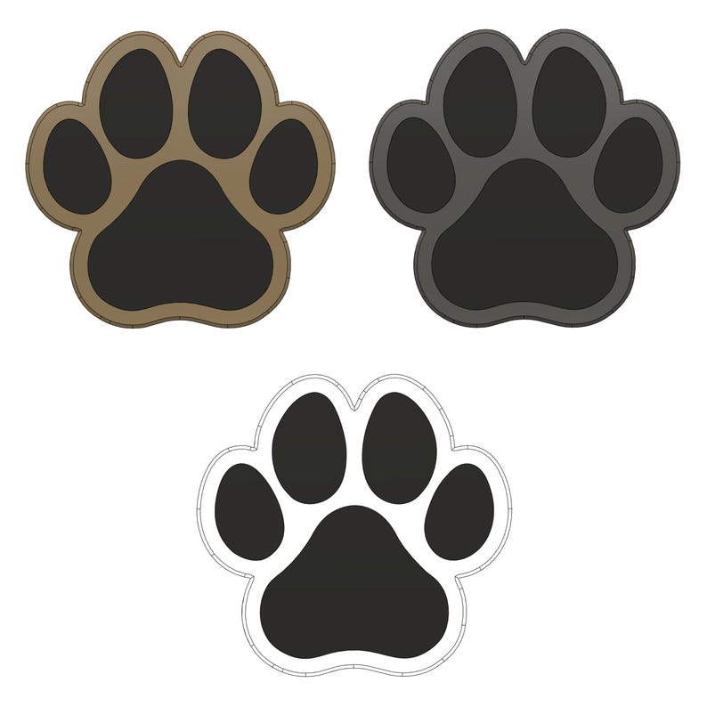 May include: Three paw prints in different colors: brown, gray, and black with a white outline. The paw prints are a simple design with four toes and a pad.
