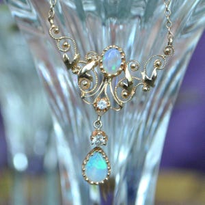 Victorian Style Natural Opal & Diamond Necklace in 14K Yellow Gold – 16.5”