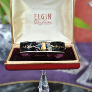Antique Victorian Black Enamel Bangle Bracelet | Gold Leaf Design Crest | Mourning Jewelry style | 6.75”| Bangle  | 1800s Jewelry