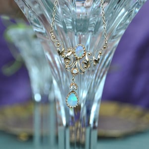 Victorian Style Natural Opal & Diamond Necklace in 14K Yellow Gold – 16.5”