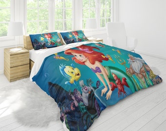 The Little Mermaid Three Piece Printed Fashion Pattern Bedding Set Three Piece Quilt Cover Pillow Cover Multi Size Quilt Comfortable Set