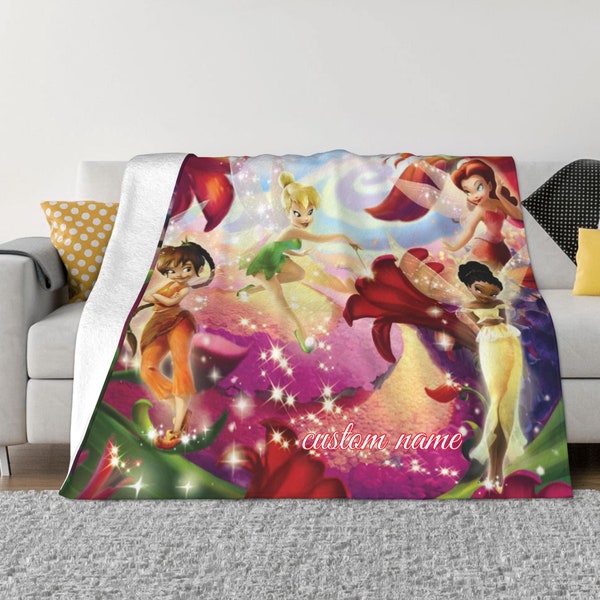 Deux couches Couverture Disney Tinkerbell Nom personnalisé Couvre-lit imprimé Housses de canapé Voyage Camping Couverture Cadeau de Noël