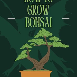 Könnte beinhalten: Buchcover mit dem Titel "How to Grow Bonsai" in grünen Buchstaben. Das Cover zeigt eine Zeichnung eines Bonsai-Baums in einem braunen Topf, mit einem dunkelgrünen Hintergrund und dem Text "A Growers Guide To" und "The Worldwide BEST SELLING Ebook".